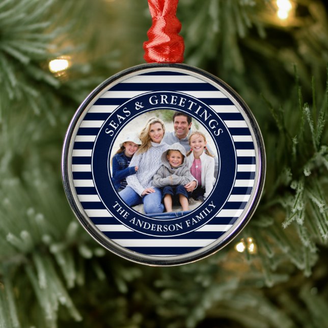 Modern Seas and Greetings Photo Blue Stripes Metal Tree Decoration (Tree)