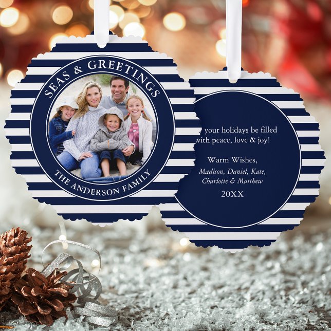 Modern Seas and Greetings Photo Blue Stripes Tree Decoration Card (A greeting card that is also an ornament! Customize with your photo and personalized text.)