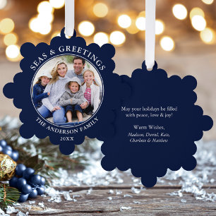 Modern Seas and Greetings Photo Blue Tree Decoration Card