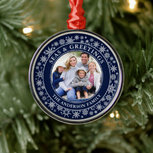 Modern Seas and Greetings Photo Snowflakes Blue Metal Tree Decoration