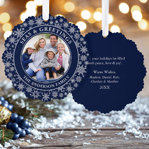 Modern Seas and Greetings Photo Snowflakes Blue Tree Decoration Card