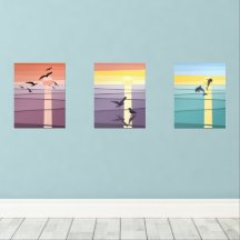 Modern Seascape Sunset, Gulls & Dolphins Vector