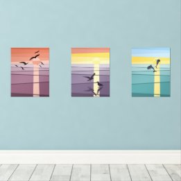 Modern Seascape Sunset, Gulls & Dolphins Vector