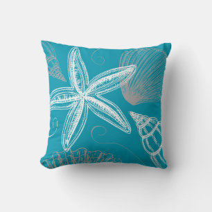 Modern Seashell Beach House Aqua Blue Starfish Cushion