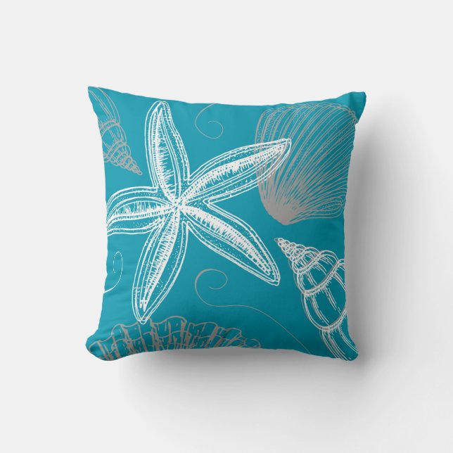 Modern Seashell Beach House Aqua Blue Starfish Cushion (Front)