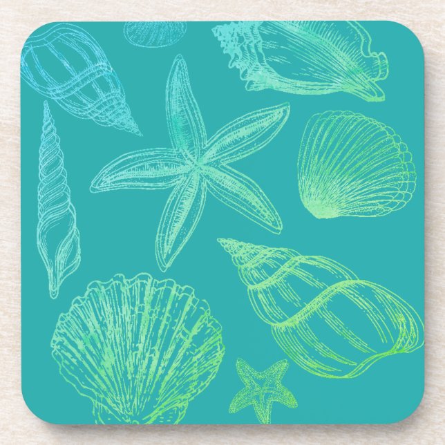 Modern Seashell Blue Green Teal Ombre Beach Shell Coaster (Front)