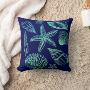 Modern Seashell Navy Aqua White Ombre Beach Shell Cushion