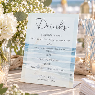 Modern Seaside Watercolor Beach Wedding Bar Pedestal Sign