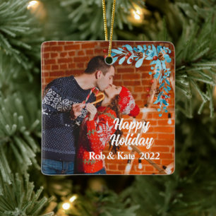 modern seasonal christmas mistletoe holiday photo  ceramic ornament