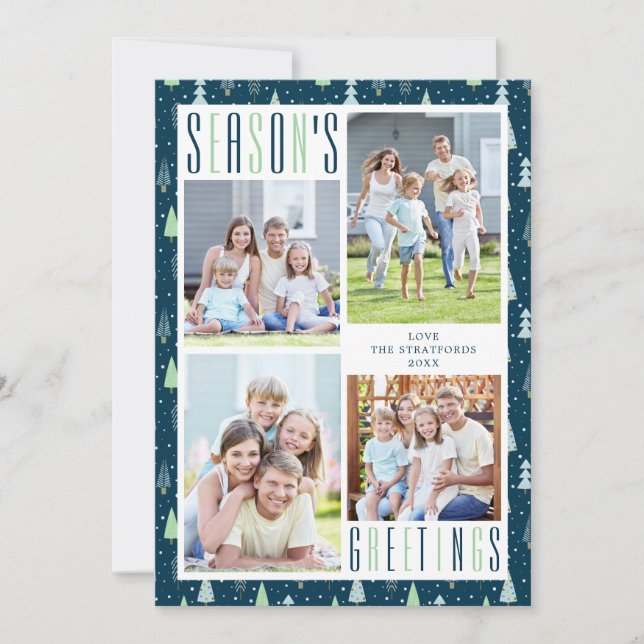 Modern SEASONS GREETINGS 4 Photo Trees Blue Green Holiday Card (Front)