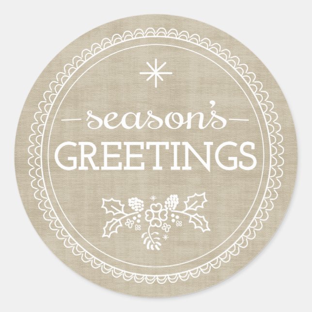 Modern Season's Greetings Burlap Christmas Sticker (Front)