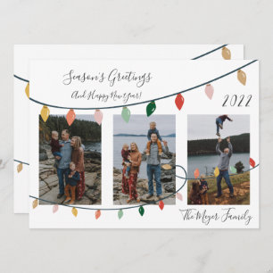 Modern Season's Greetings Christmas Lights 3 Photo Holiday Card
