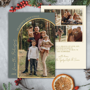Modern Season's Greetings Gold Arch 5 Photo Green  Holiday Card