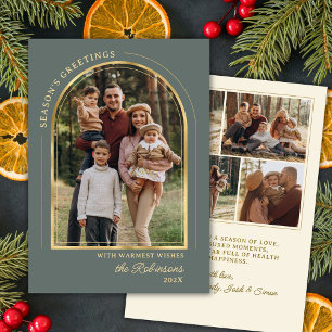 Modern Season's Greetings Green Gold Arch Photo  Holiday Card