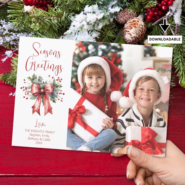 Modern Seasons Greetings Photo Red Bow Script Holiday Card (Creator Uploaded)