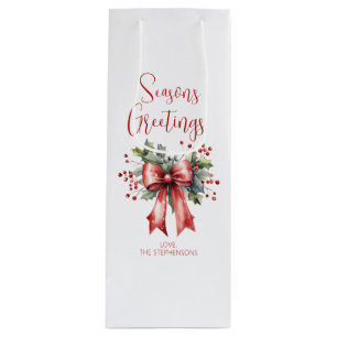 Modern Seasons Greetings Script Holly Bow Name Wine Gift Bag