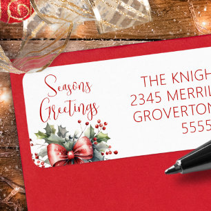 Modern Seasons Greetings Script Red Bow Holly