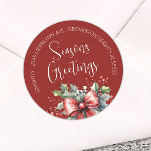 Modern Seasons Greetings Script Red Return Address Classic Round Sticker
