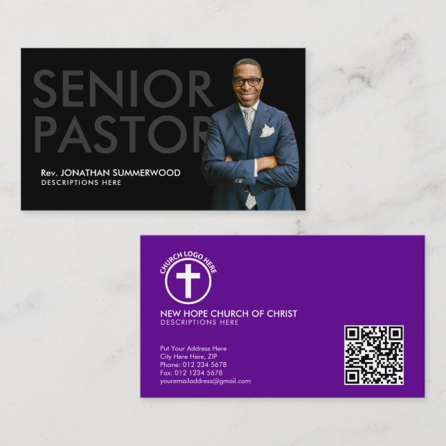 Modern Senior Pastor with Photo Black Business Card (Front/Back)