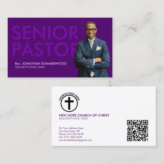 Modern Senior Pastor with Photo Purple Business Card (Front/Back)
