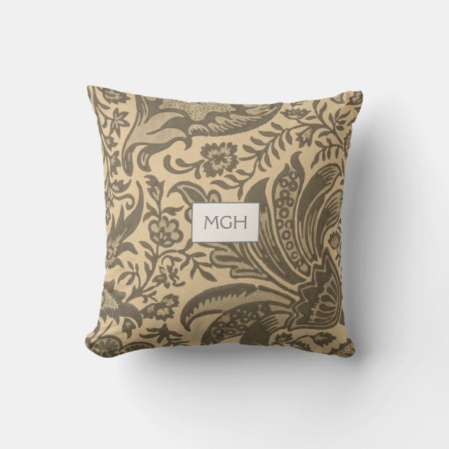 Modern Sepia Tan Botanical Monogram Cushion (Front)