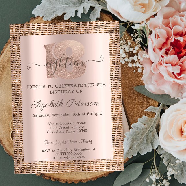 Modern Sequins Frame Rose Gold 18th Birthday Invitation (Creator Uploaded)