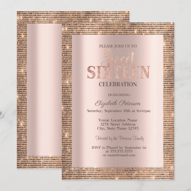 Modern Sequins Frame Rose Gold  Sweet 16 Invitation (Front/Back)