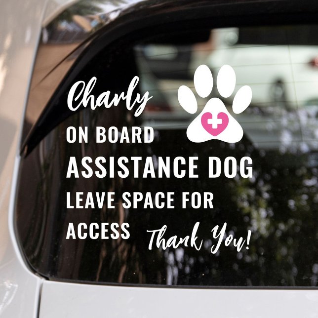 Modern Service Dog on Board Pink Medical Logo Car Window Cling (Service dog, emotional support dog or therapy dog on board car window cling with pink medical logo.)