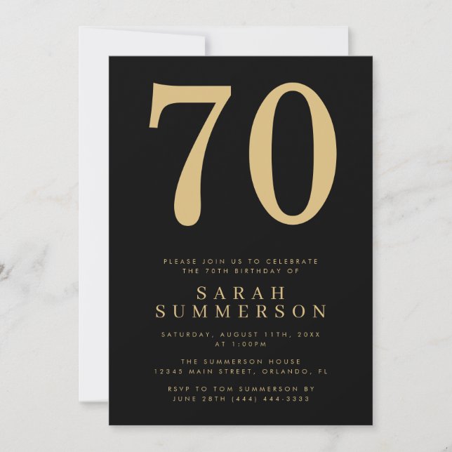 Modern Seventieth Black Gold 70 Birthday Party Invitation (Front)