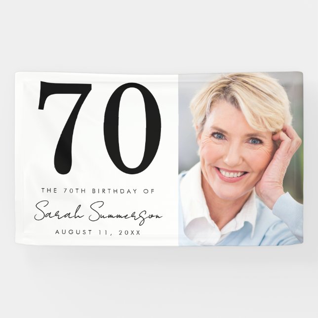 Modern Seveny Black White Photo 70th Birthday Banner (Horizontal)