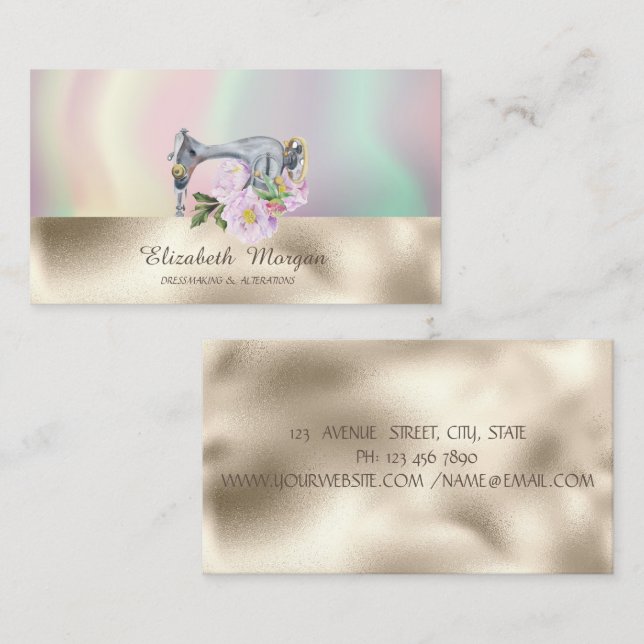 Modern Sewing Machine Holographic Gold Business Card (Front/Back)