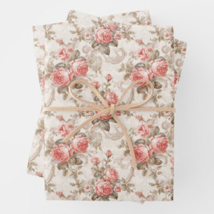 Modern shabby chic coral and ivory French roses Wrapping Paper Sheet