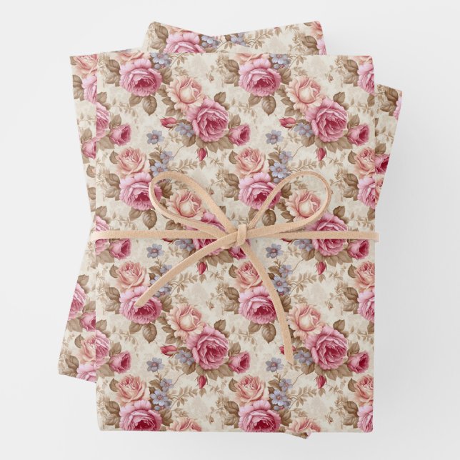 Modern shabby chic magenta ivory French roses Wrapping Paper Sheet (In situ)
