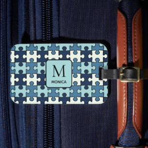 Modern Shade of Blue Puzzle Pieces Monogram Luggage Tag