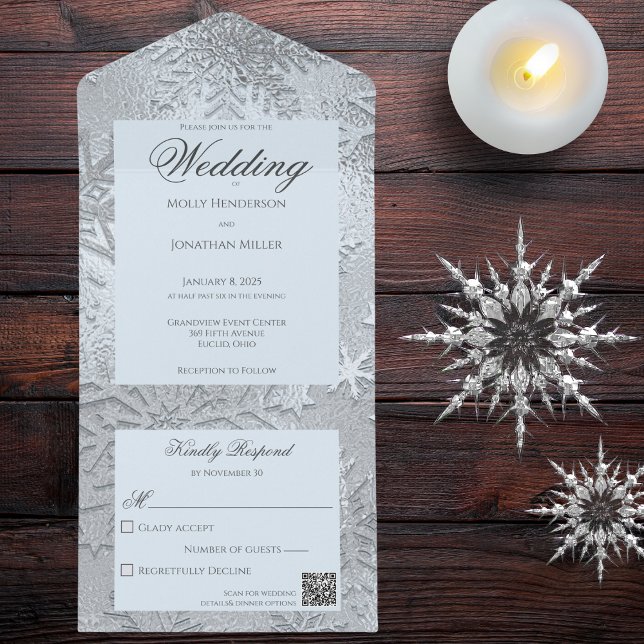 Modern Shades of Ice Blue Snowflake QR Code  All In One Invitation (Also available without QR code. )