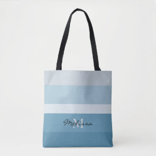 Modern shades of teal stripes monogram name tote bag
