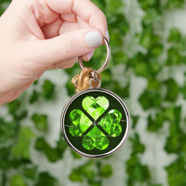 Modern Shamrock Lucky Clover St Patrick Emerald Key Ring (Hand)