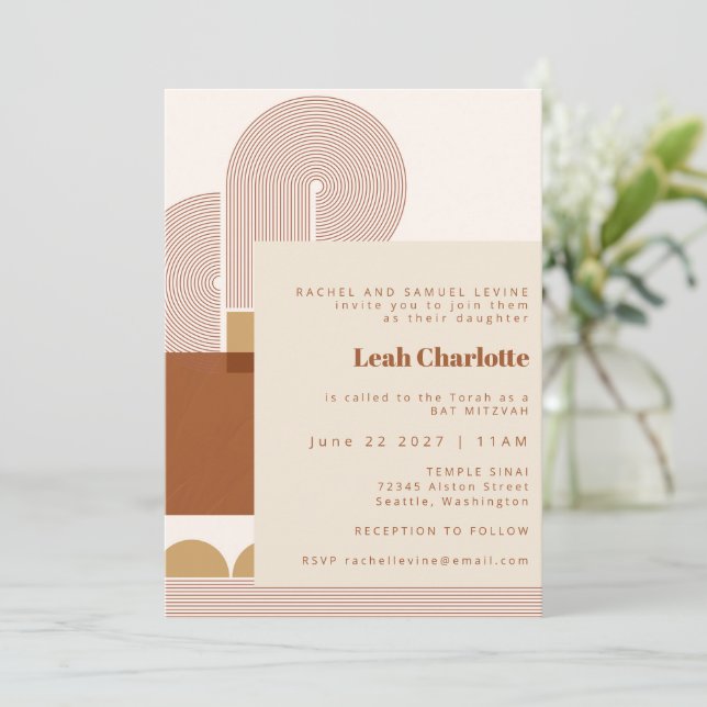 Modern Shapes and Line Terracotta Bat Bar Mitzvah  Invitation (Standing Front)