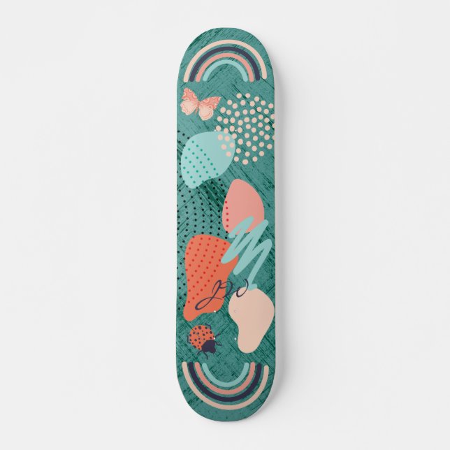 Modern Shapes Girly Rainbow Monogram Skateboard (Front)