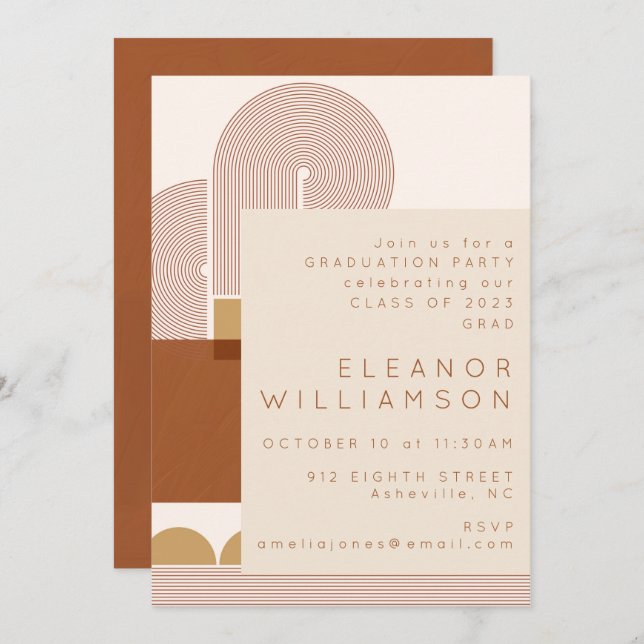 Modern Shapes Lines Terracotta Graduation Party Invitation (Front/Back)