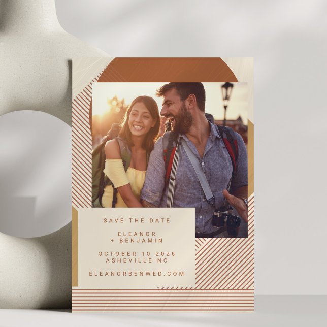 Modern Shapes Lines Terracotta Photo Wedding Save The Date (Creator Uploaded)
