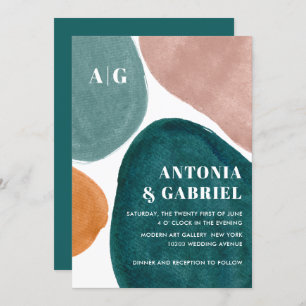 Modern Shapes orange teal pink monogram wedding In Invitation