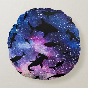 Modern Shark fish gradient colourful galaxy Space Round Cushion