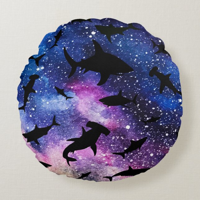 Modern Shark fish gradient colourful galaxy Space Round Cushion (Front)