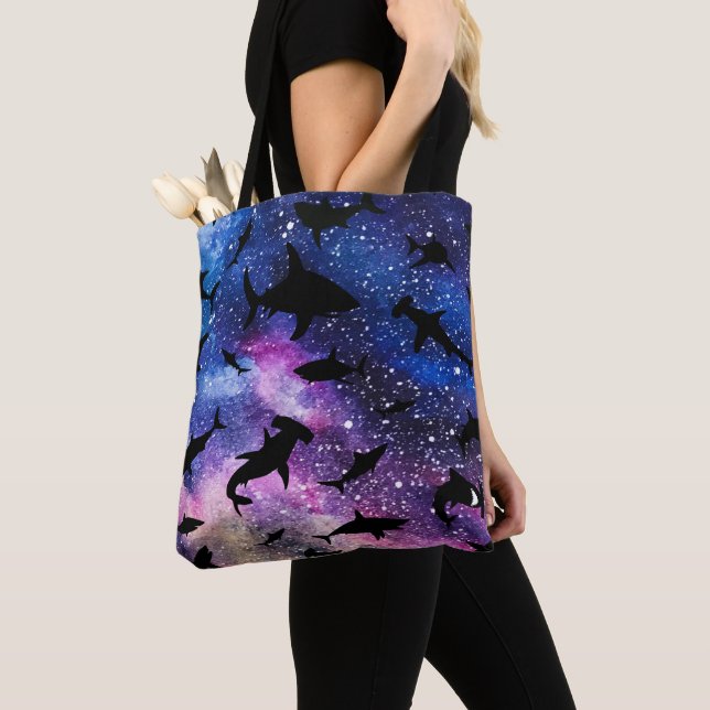 Modern shark fish jaws whale under the sea galaxy tote bag (Close Up)