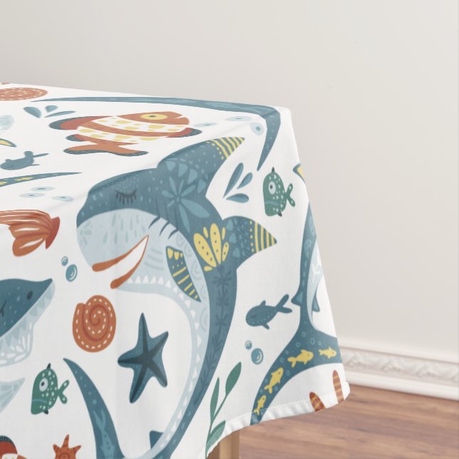 Modern Sharks Seamless Pattern Birthday Kids Tablecloth (In Situ)