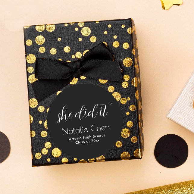 Modern She Did It Black Elegant Graduation Classic Round Sticker (Creator Uploaded)