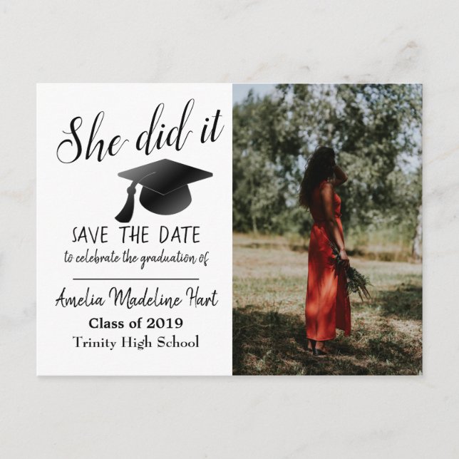 Modern | She Did It Save The Date Graduate Photo Postcard (Front)