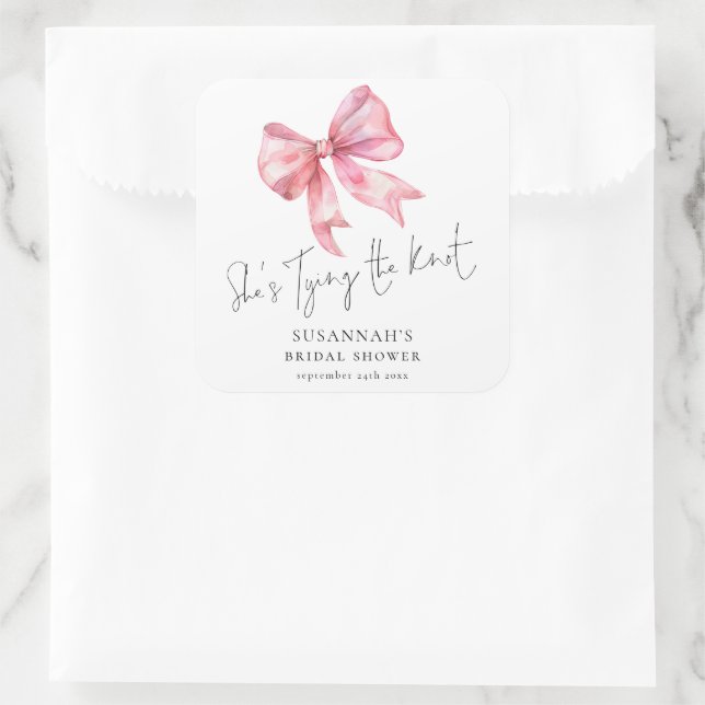 Modern She’s Tying The Knot Pink Bow Bridal Shower Square Sticker (Bag)