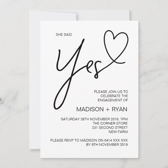 Modern She Said Yes Engagement Party Heart Invitation (Front)